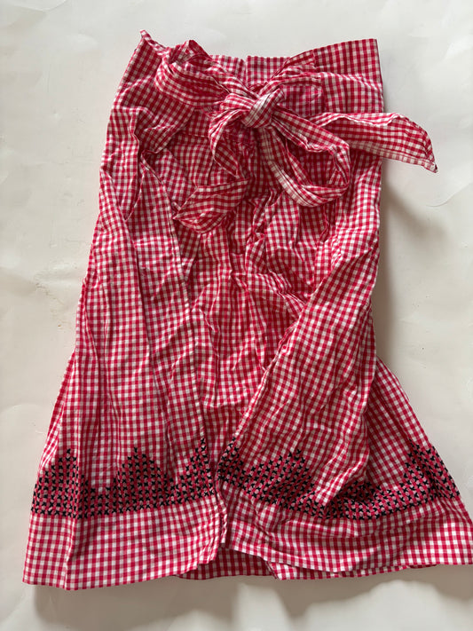 Vintage Hand Embroidered Red Gingham with Black Embroidery Apron