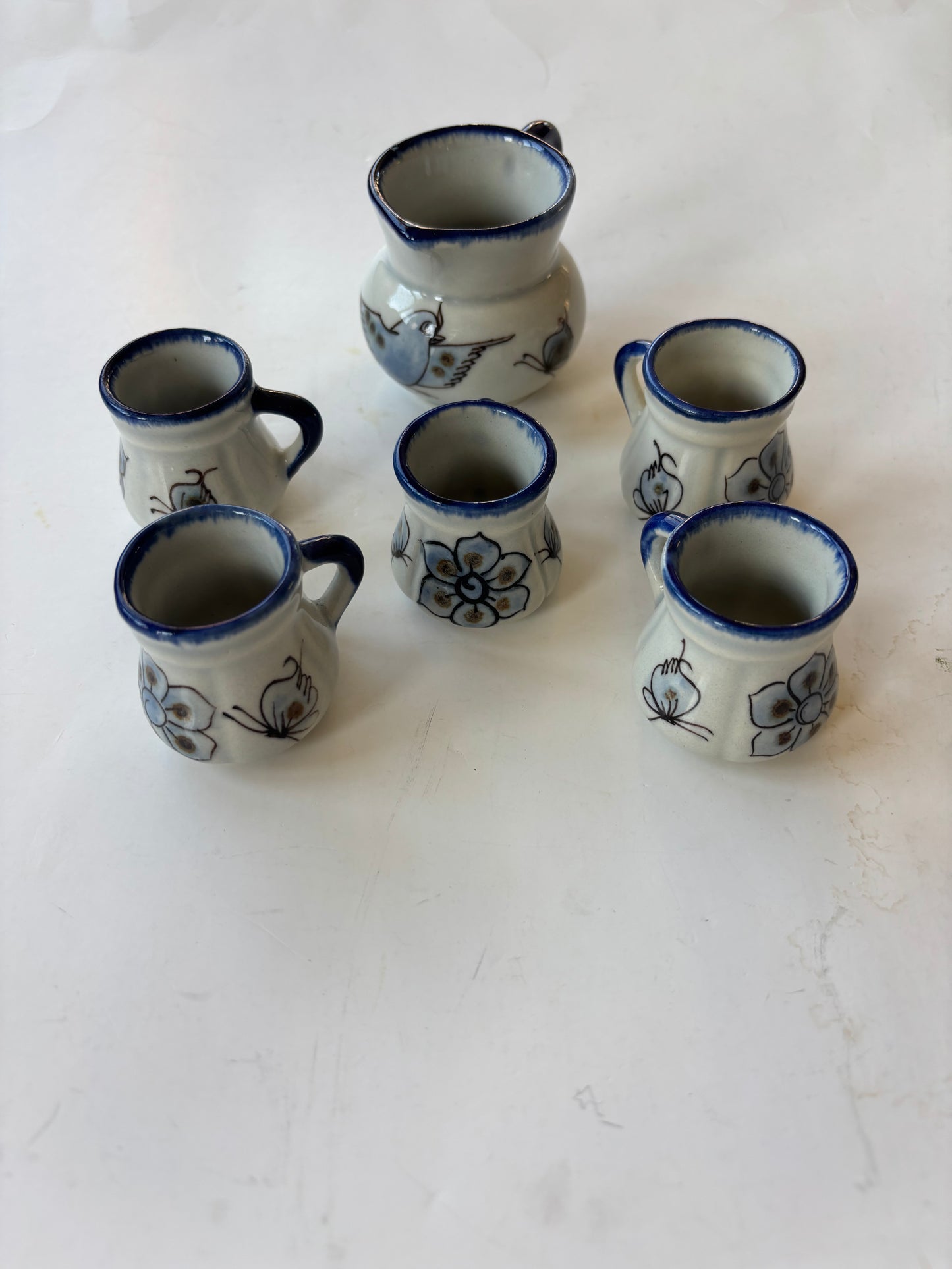 Vintage Tonala Mexican Miniature Pottery - Pitcher & 5 Cups - Signed