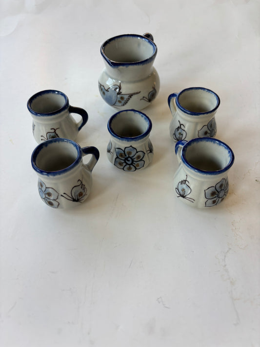 Vintage Tonala Mexican Miniature Pottery - Pitcher & 5 Cups - Signed