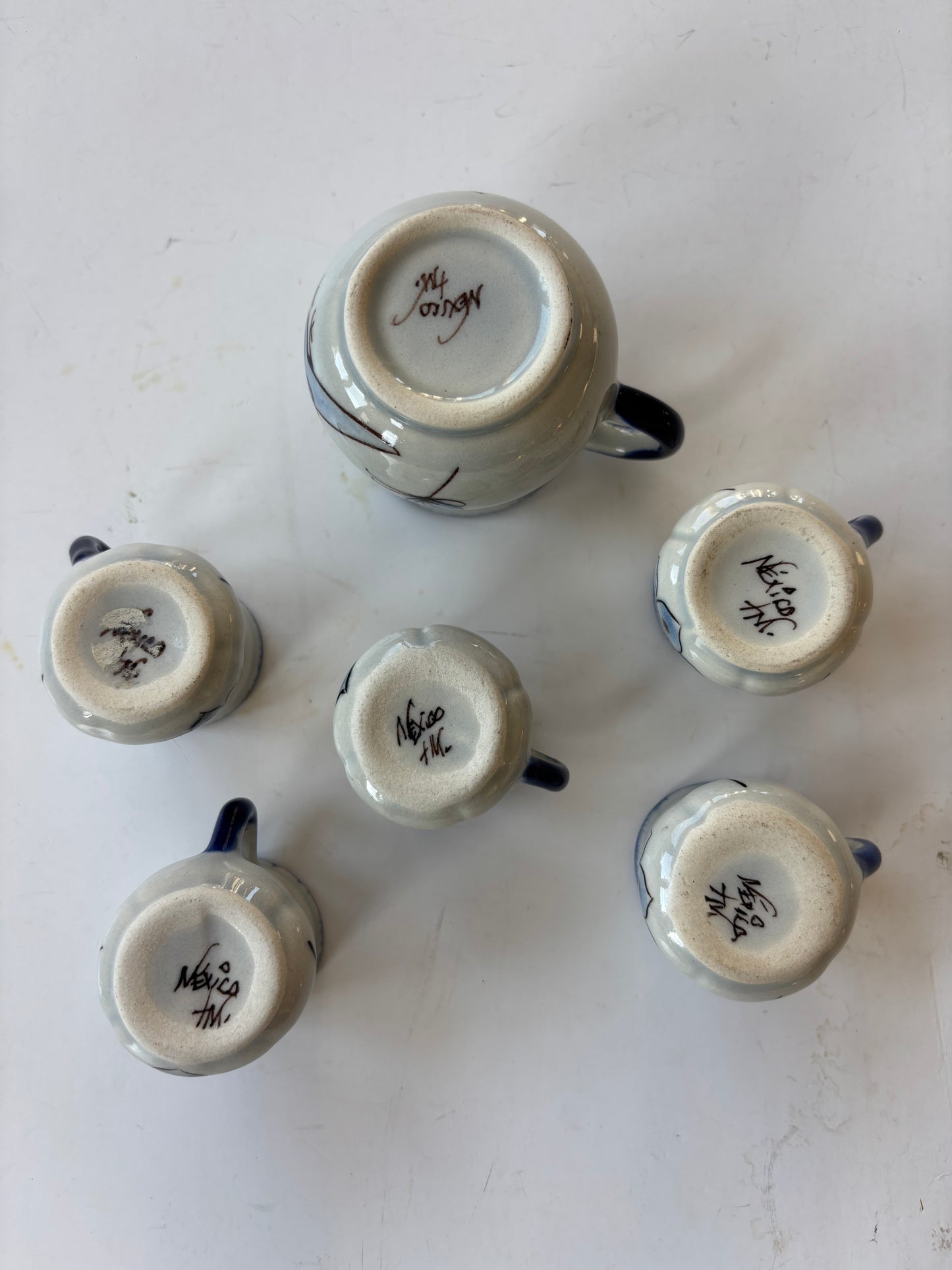 Vintage Tonala Mexican Miniature Pottery - Pitcher & 5 Cups - Signed