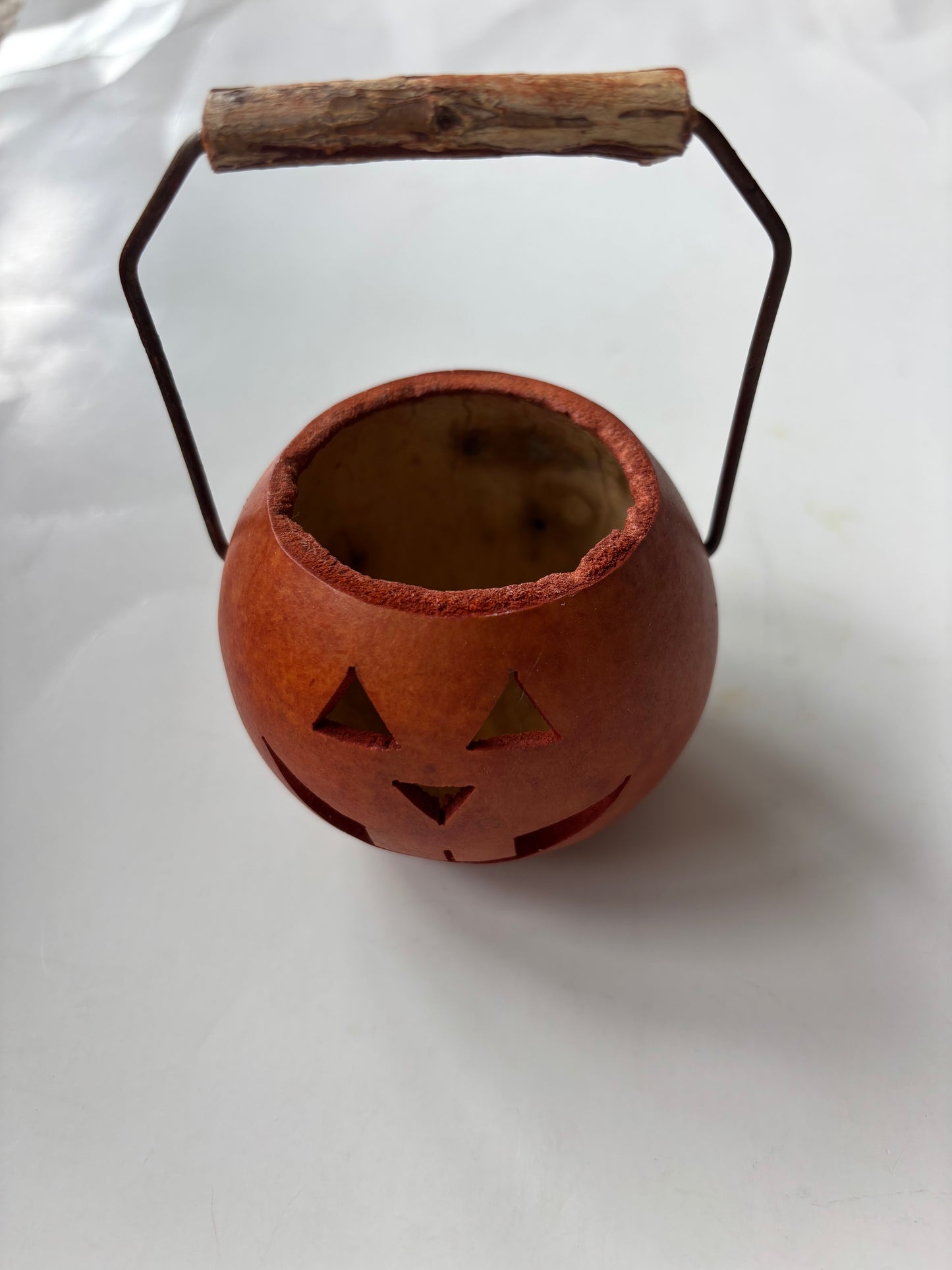 Small Gourd Jack O'Lantern Basket w/Wire and Wood Handle