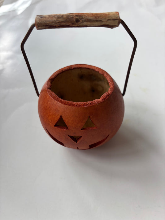 Small Gourd Jack O'Lantern Basket w/Wire and Wood Handle