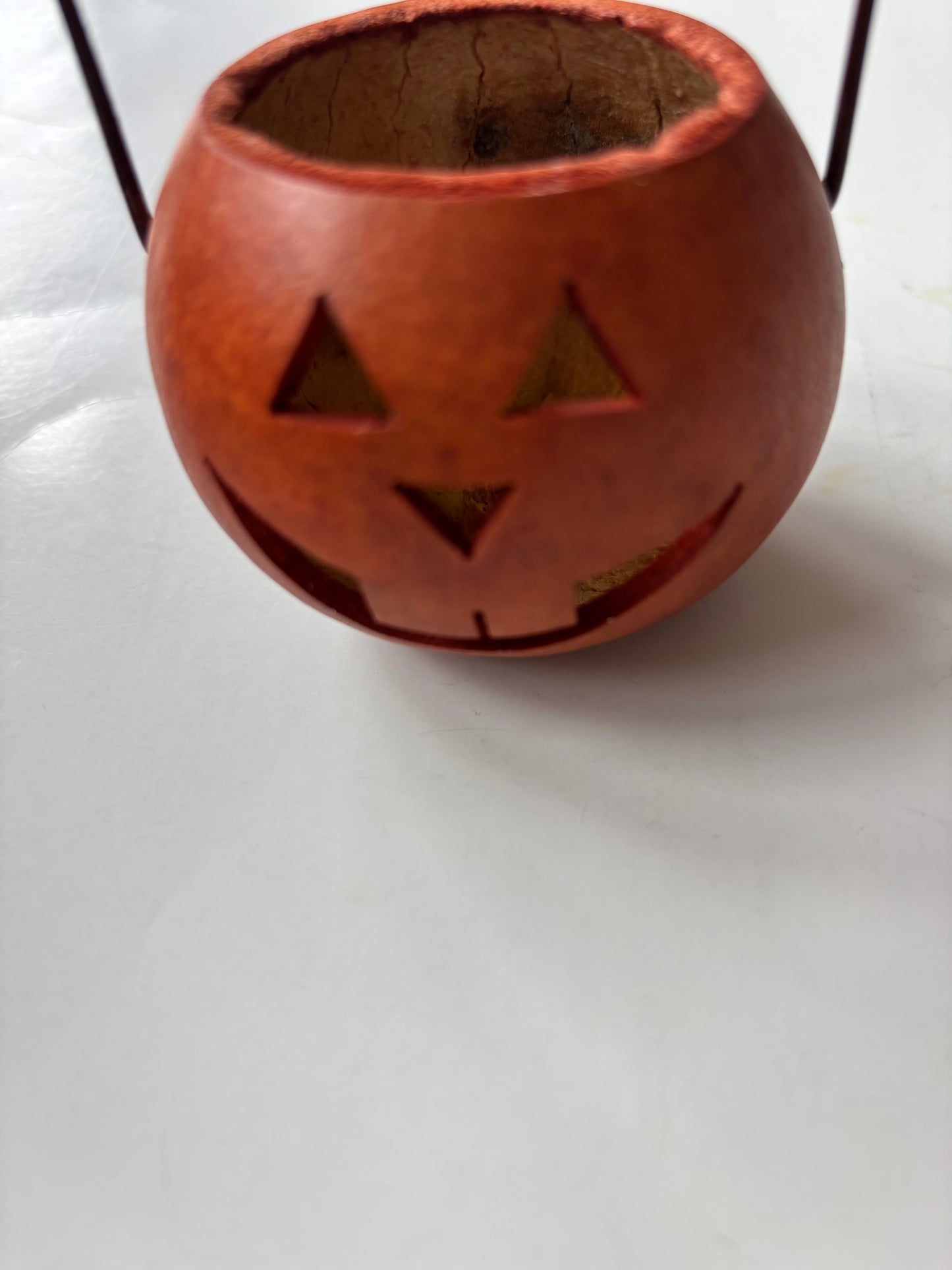 Small Gourd Jack O'Lantern Basket w/Wire and Wood Handle