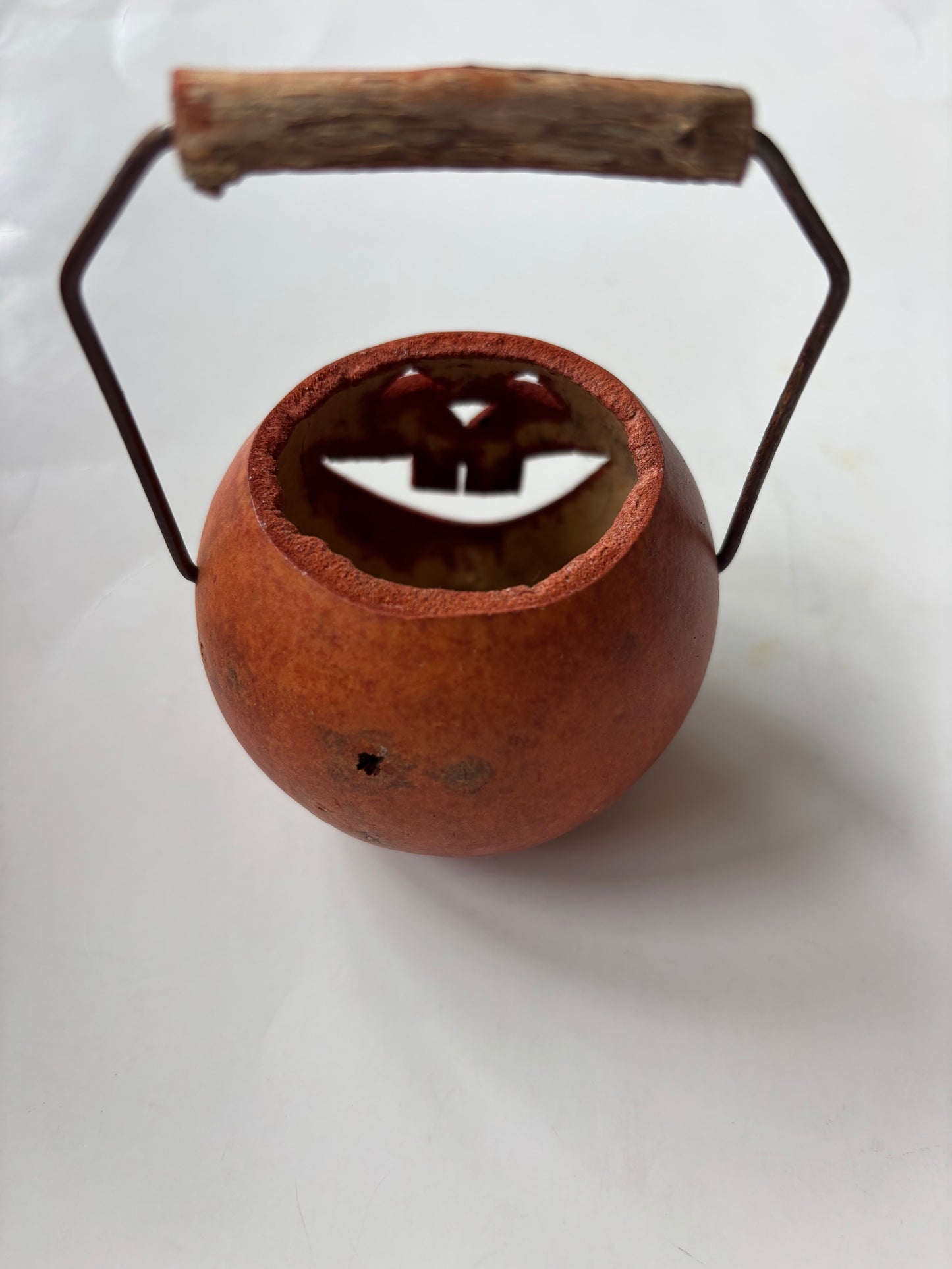 Small Gourd Jack O'Lantern Basket w/Wire and Wood Handle