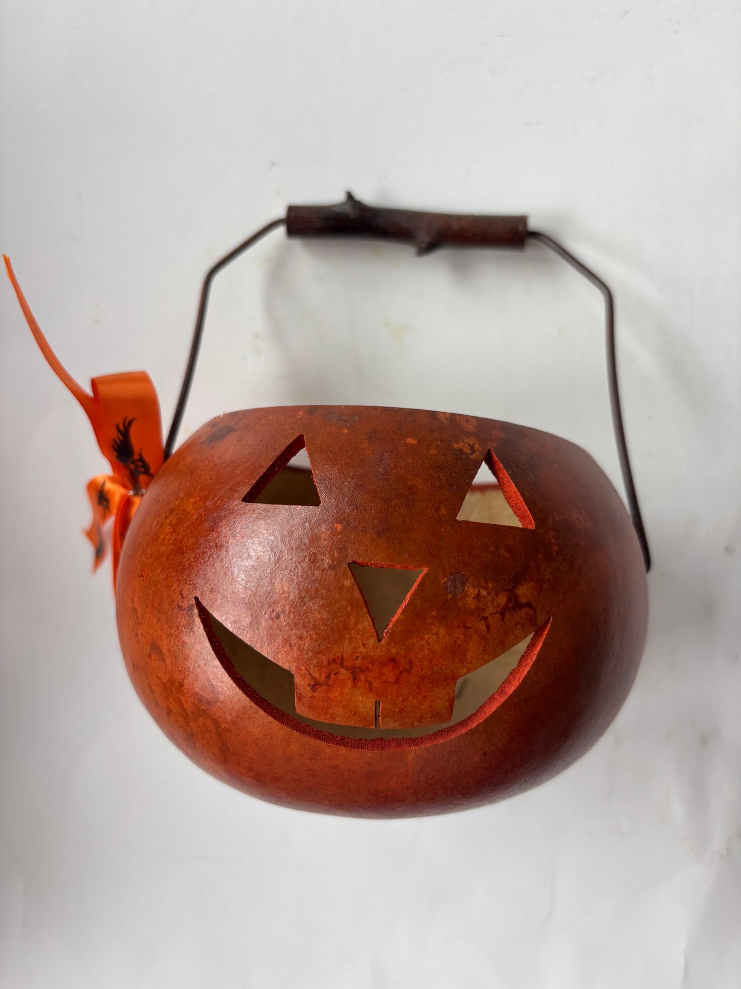 Gourd Jack O'Lantern Basket w/Wire and Wood Handle