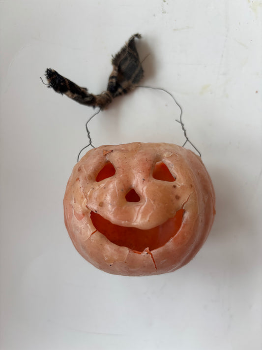 Small Wax Jack O'Lantern Pumpkin Basket w/Wire Handle