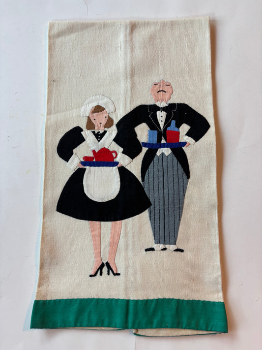 Vintage Linen Waitress and Waiter Stitched Hand Towel