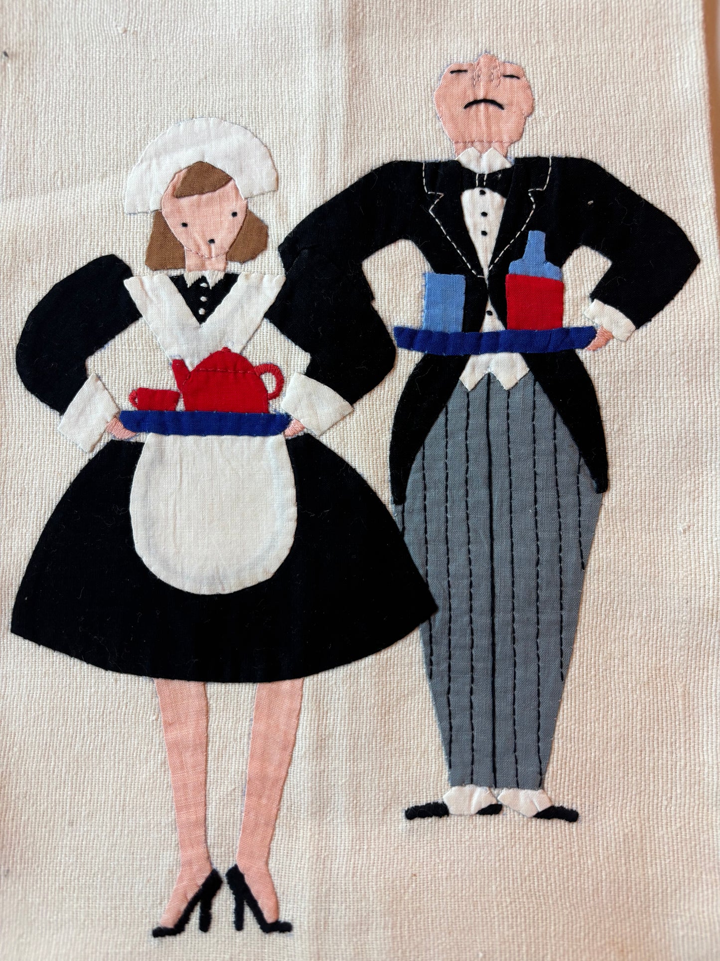 Vintage Linen Waitress and Waiter Stitched Hand Towel