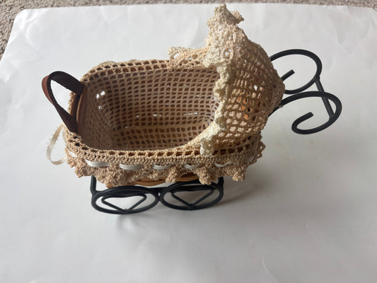 Wrought Iron Baby Carriage w/Longaberger 1996 Tea Basket and Hand Crocheted Liner