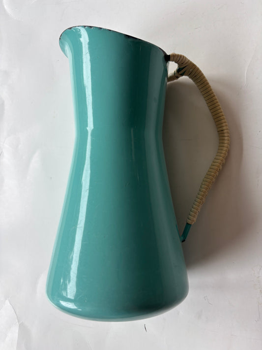 Vintage Dansk Kobenstyle Enamel Pitcher Turquoise wicker handle 1950's MCM