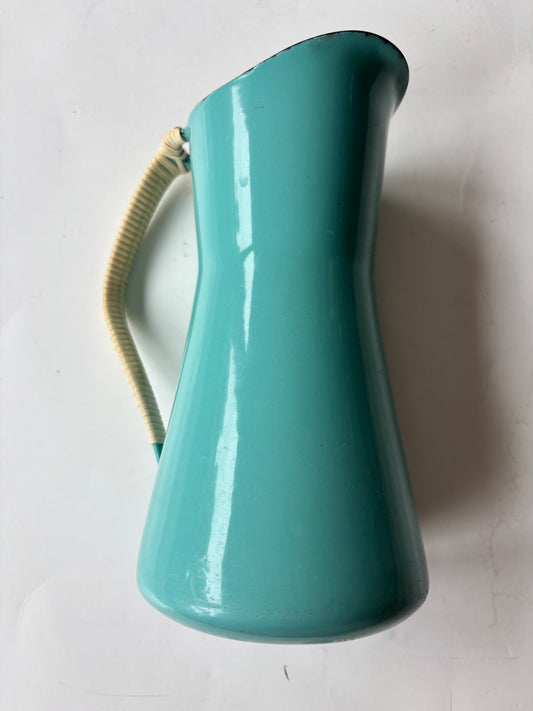 Vintage Dansk Kobenstyle Enamel Pitcher Turquoise wicker handle 1950's MCM