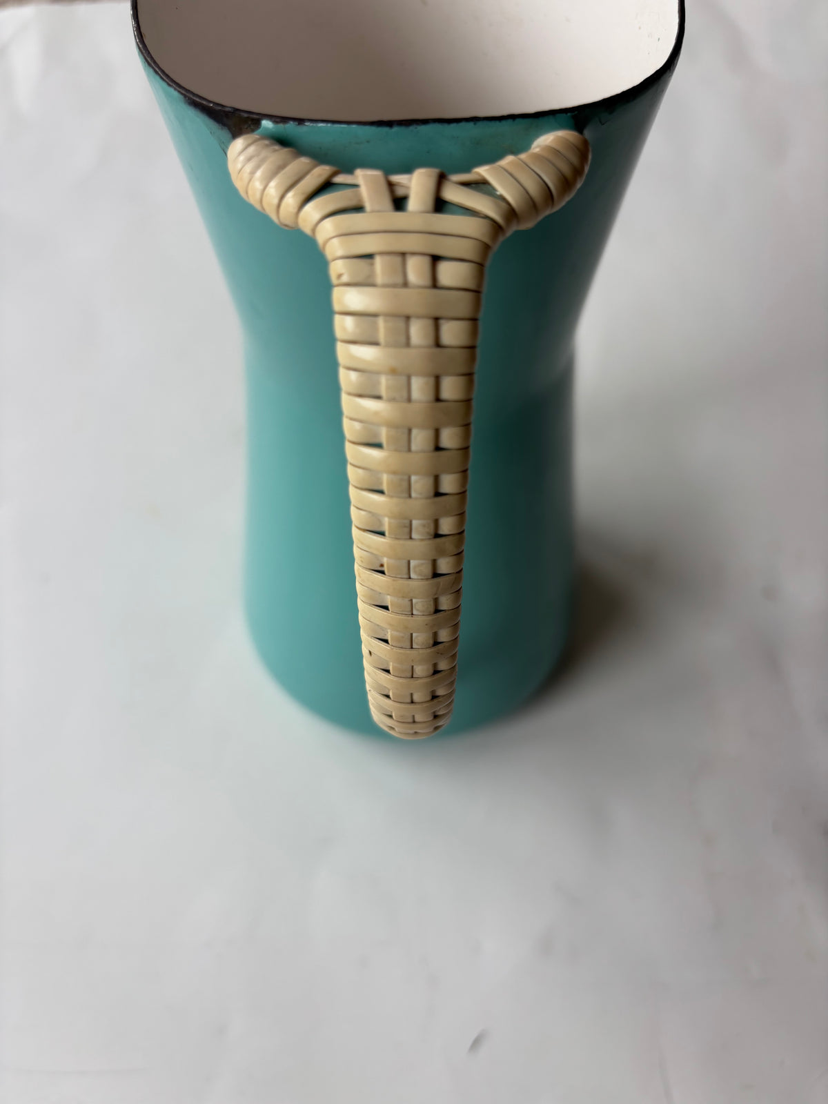Vintage Dansk Kobenstyle Enamel Pitcher Turquoise wicker handle 1950's MCM
