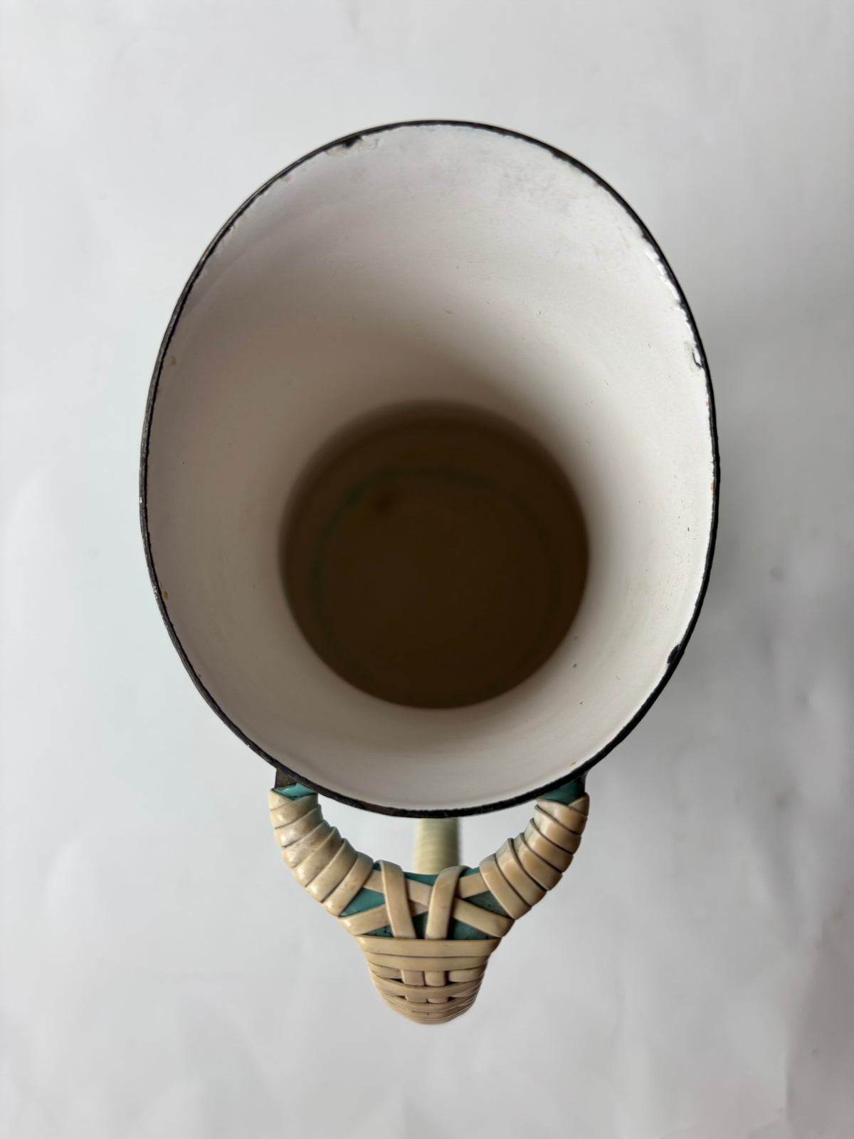 Vintage Dansk Kobenstyle Enamel Pitcher Turquoise wicker handle 1950's MCM