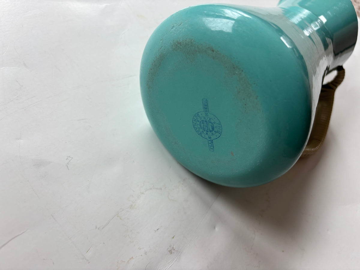 Vintage Dansk Kobenstyle Enamel Pitcher Turquoise wicker handle 1950's MCM