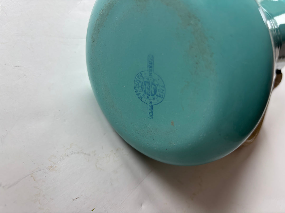 Vintage Dansk Kobenstyle Enamel Pitcher Turquoise wicker handle 1950's MCM