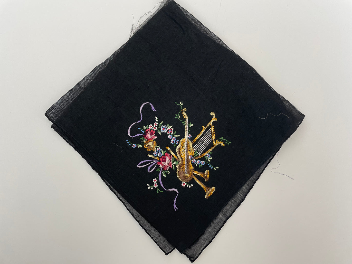 Vintage 1950 Union Black Handkerchiefs with Embroidered Instruments