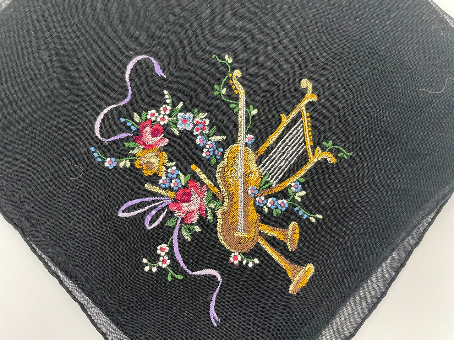 Vintage 1950 Union Black Handkerchiefs with Embroidered Instruments