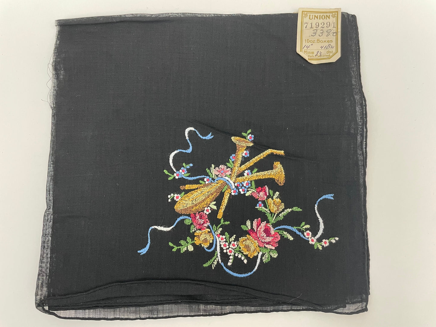 Vintage 1950 Union Black Handkerchiefs with Embroidered Instruments