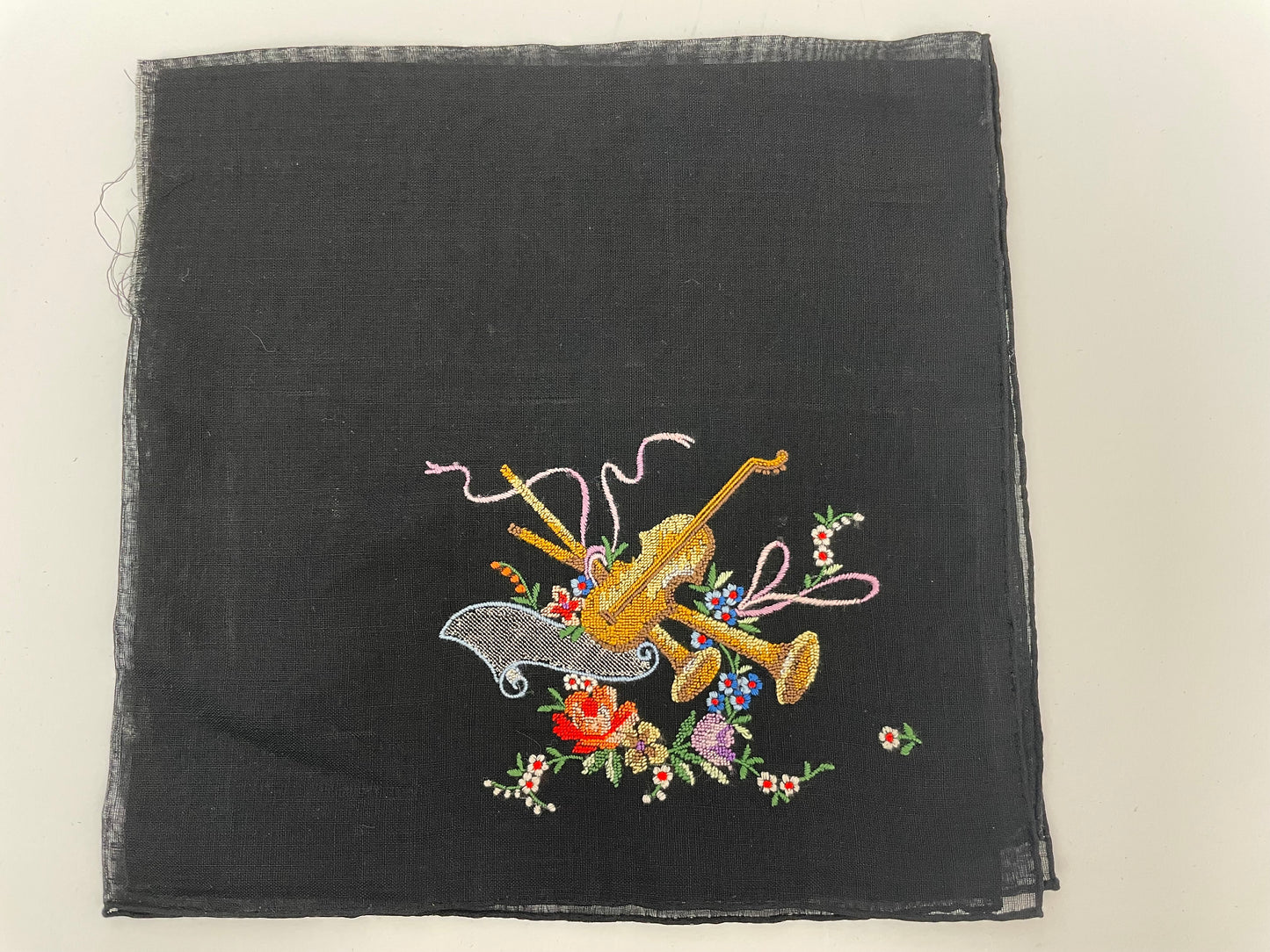 Vintage 1950 Union Black Handkerchiefs with Embroidered Instruments