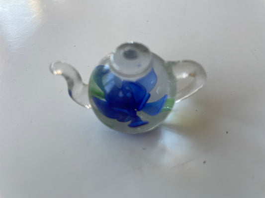 Miniature Solid Glass Teapot - Clear with pressed blue flower art glass 1 1/4”x2”