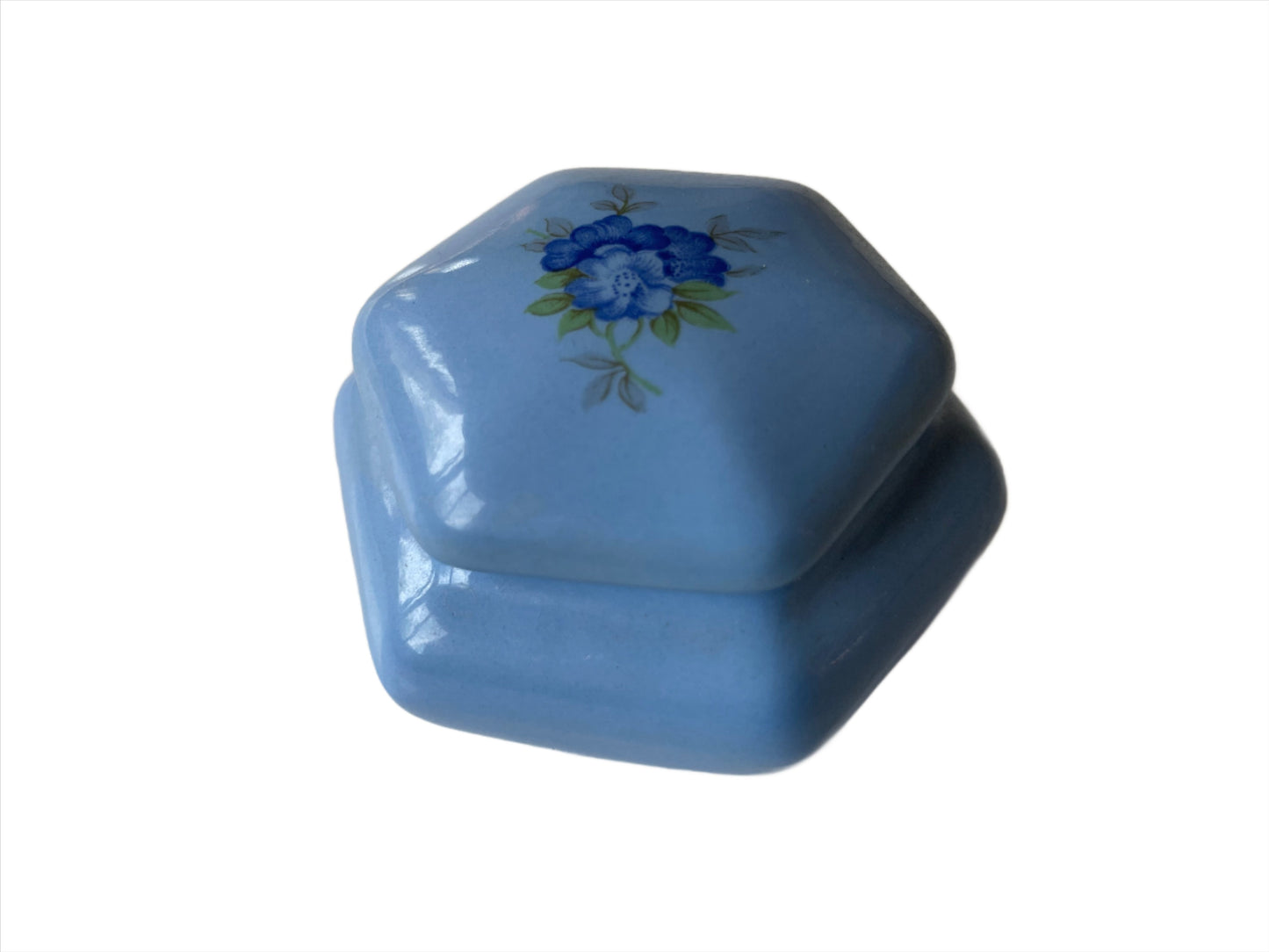 Vintage Light Blue Trinket Box w/Blue Flower on Lid