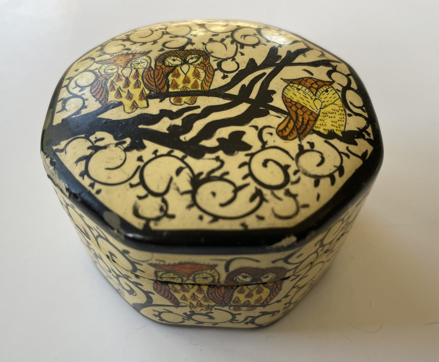 Vintage Trinket Gift Box Kashmir India Hand Painted Lacquered Owls