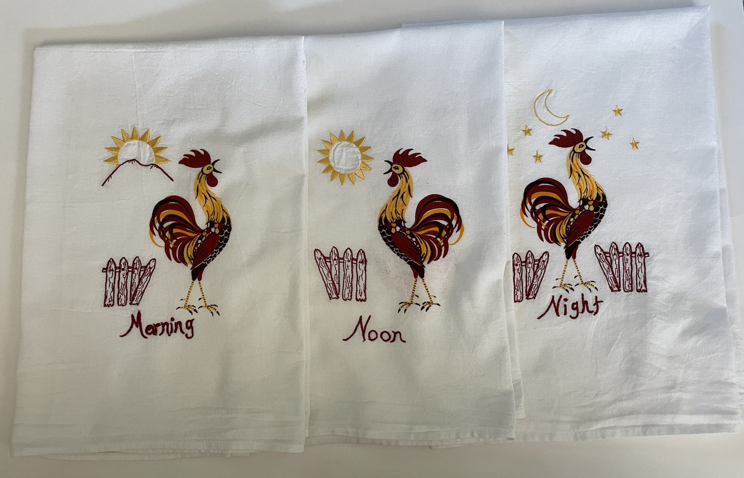 Vintage Rooster Flour Sack Tea Towels (Morning, Noon, Night)