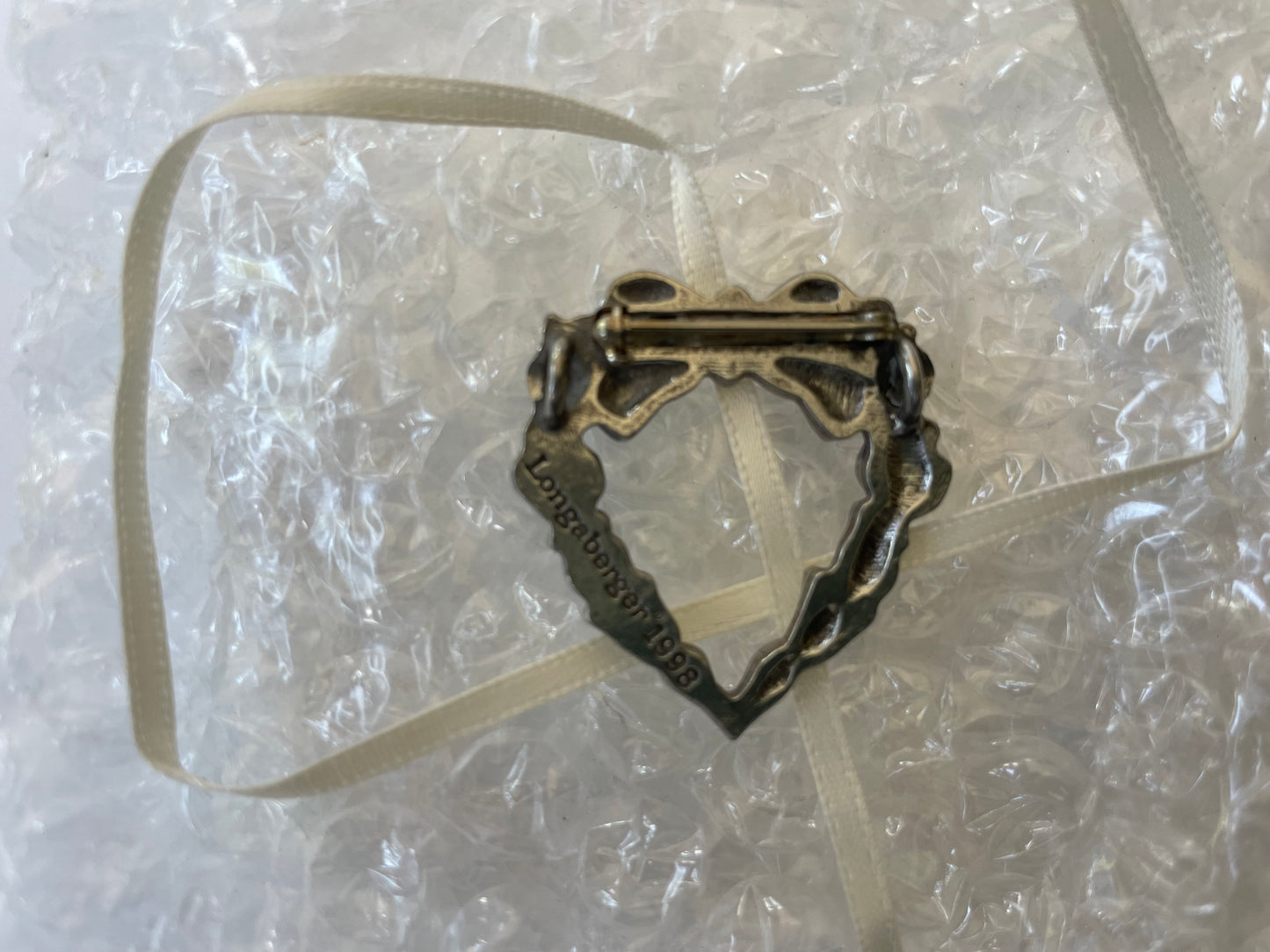 Longaberger 1998 Pewter Heart Basket Tie On/Pin - #72761