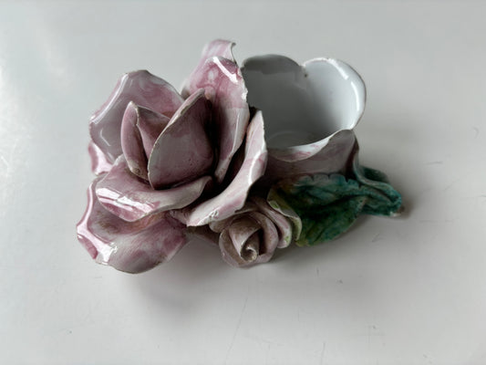 Beautiful Vintage Capodimonte Rose Porcelain Candle Holder Made in Italy - Numbered