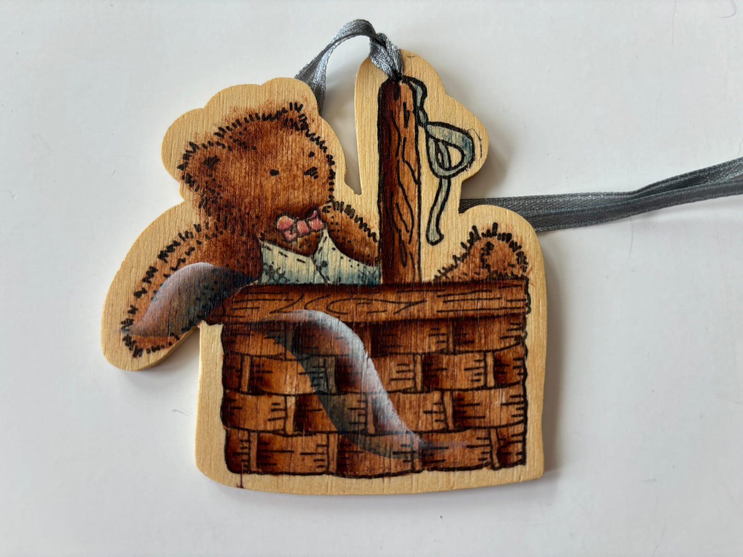 Vintage 1997 Wooden Bear in Basket Tie On