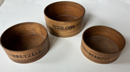 Vintage Teakwood Potato Chips, Pretzels and Peanuts Barware Bowls