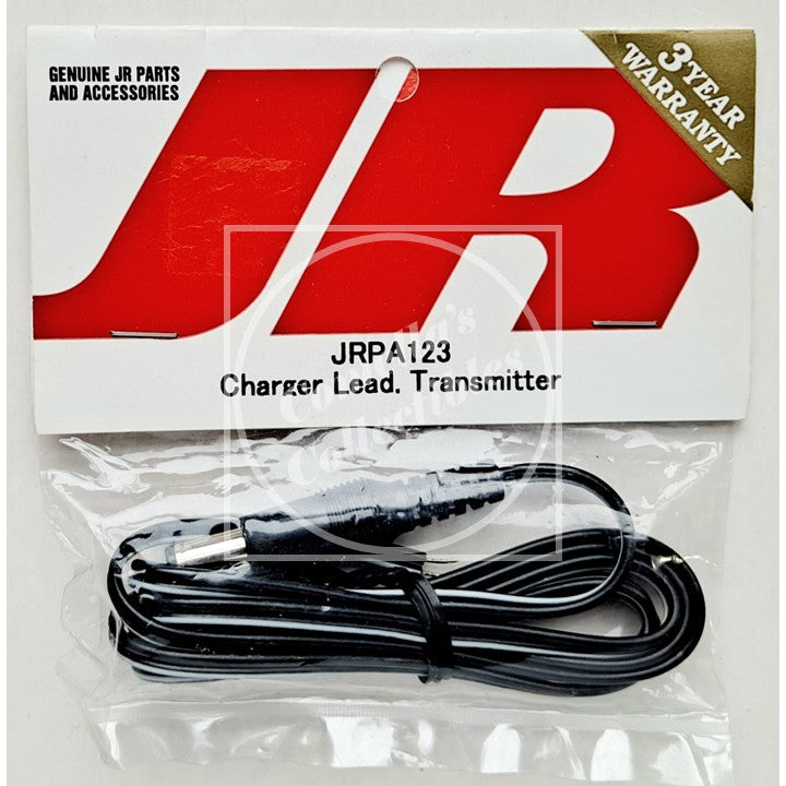 Genuine JR Charger Lead and Transmitter (Model JRPA123) in its original retail packaging, featuring a red and white JR logo card and a black cable inside a clear plastic bag.