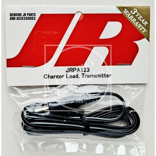Genuine JR Charger Lead and Transmitter (Model JRPA123) in its original retail packaging, featuring a red and white JR logo card and a black cable inside a clear plastic bag.