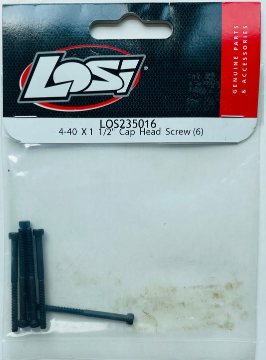 A package of Losi 4-40 x 1 1/2 cap head screws containing 6 screws, sealed in a clear plastic packaging with the Losi brand logo and product information visible.