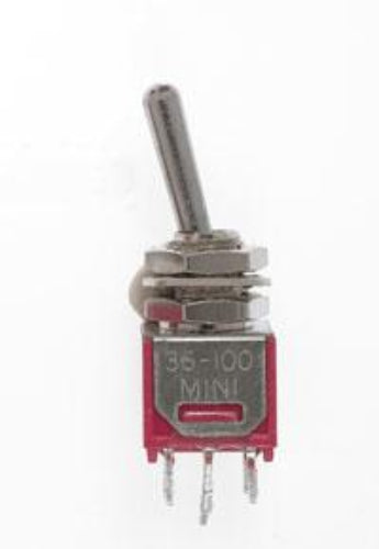 A miniature metal toggle switch with a red plastic base and three pins, labeled '35-100 MINI' on a white background.