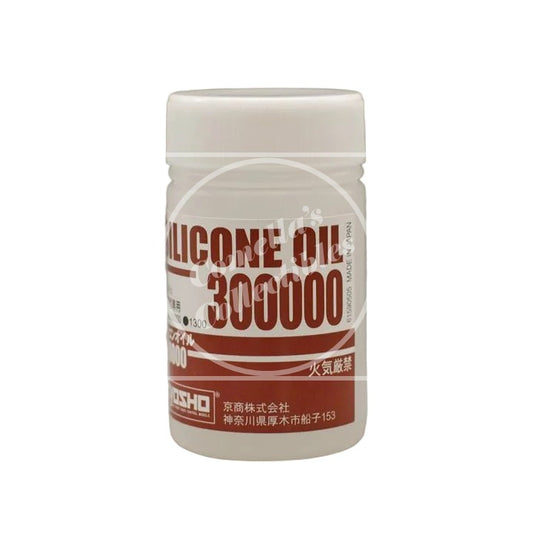 A white plastic bottle of Kyosho Silicone Oil 300000 with a white cap, featuring a white label with bold red text, set against a plain white background.