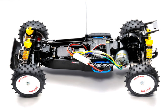 Mechanical model of a vehicle chassis with large wheels on a white background