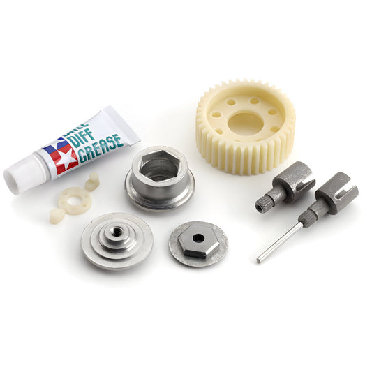 Mechanical parts and tools on a white background