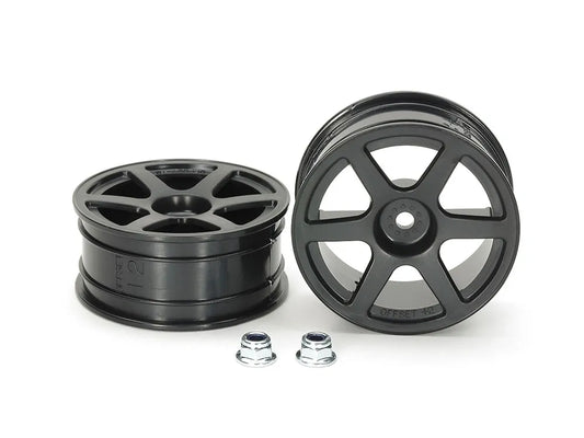 A pair of black 6-spoke model car wheels along with metal screws.