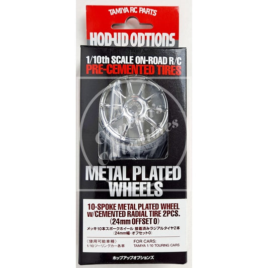 Tamiya 53956 10-Spoke Chrome Wheel with Glued Tire 2 pcs (24mm Offset 0)