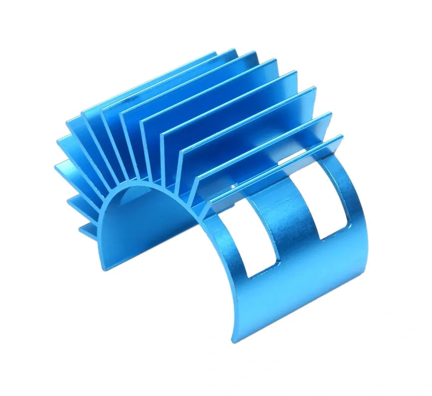 A blue anodized aluminum heat sink for longitudinally mounted motors, typically used in remote control vehicles.