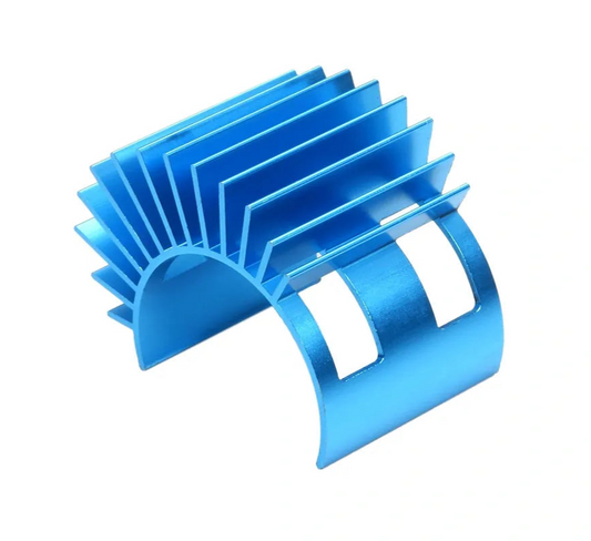 A blue anodized aluminum heat sink for longitudinally mounted motors, typically used in remote control vehicles.
