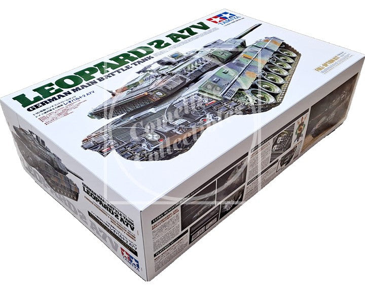 Tamiya Model tank kit packaging with Leopard 2 A7V on a white background