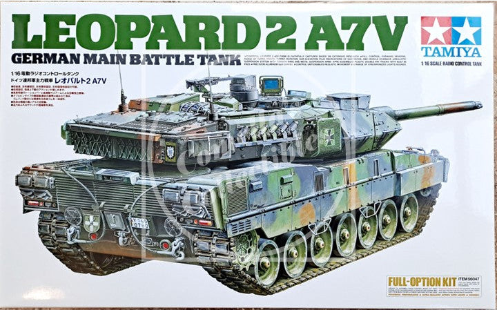 Model tank kit of Leopard 2 A7V German main battle tank on a white background with Tamiya branding.
