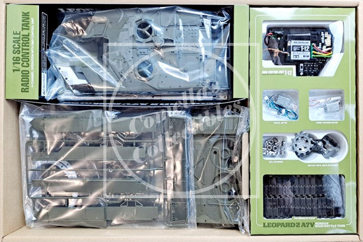 Model tank kit with components and packaging on a white background