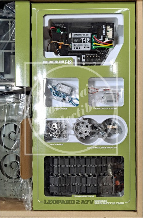 Packaged model kit of a Leopard 2 A7V main battle tank with green box and clear window