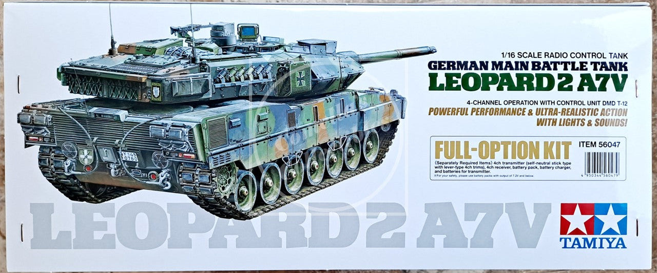 Model tank kit box for German Main Battle Tank Leopard 2 A7V by Tamiya on a white background