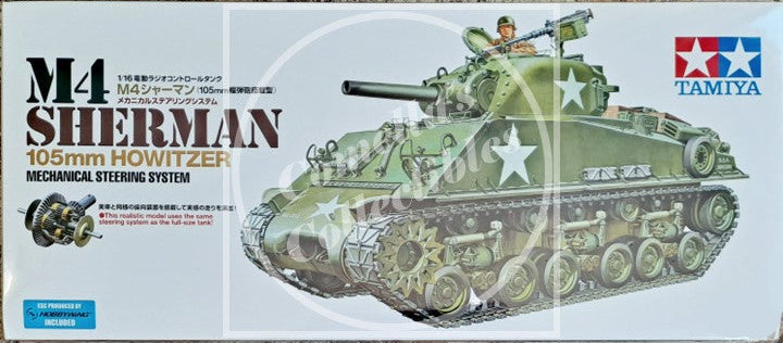 Model tank kit box for M4 Sherman with Tamiya branding on a white background