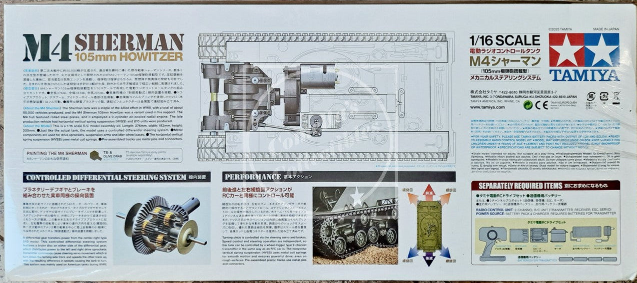 Tamiya M4 Sherman model kit box with technical details and branding