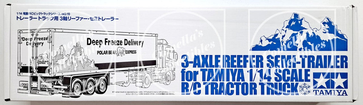 Tamiya 56319 1/14 scale R/C tractor truck 3-axle reefer semi-trailer, featuring a white box with blue and black illustrations of a polar ice truck and mountain graphic.